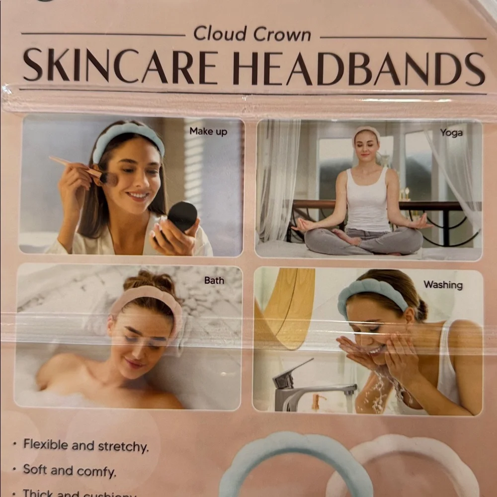 2 Pack Comfortable & Pretty Cloud Crown Skincare Headbands Pink and Blue NWT